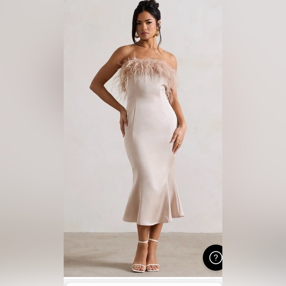 CHAMPAGNE SATIN FEATHER TRIM MIDI DRESS - Picture 2 of 4